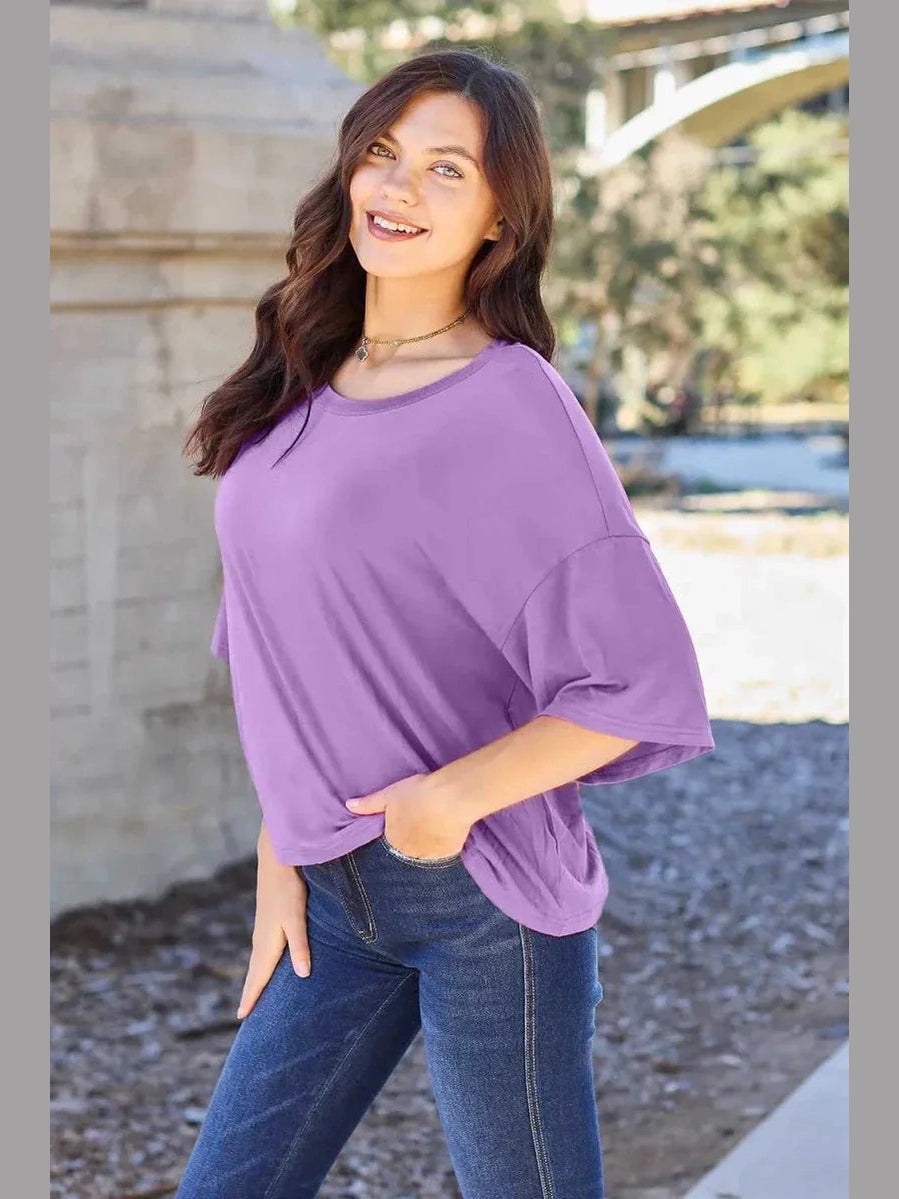 Basic Bae Bamboo Full Size Round Neck Drop Shoulder T-Shirt -- 