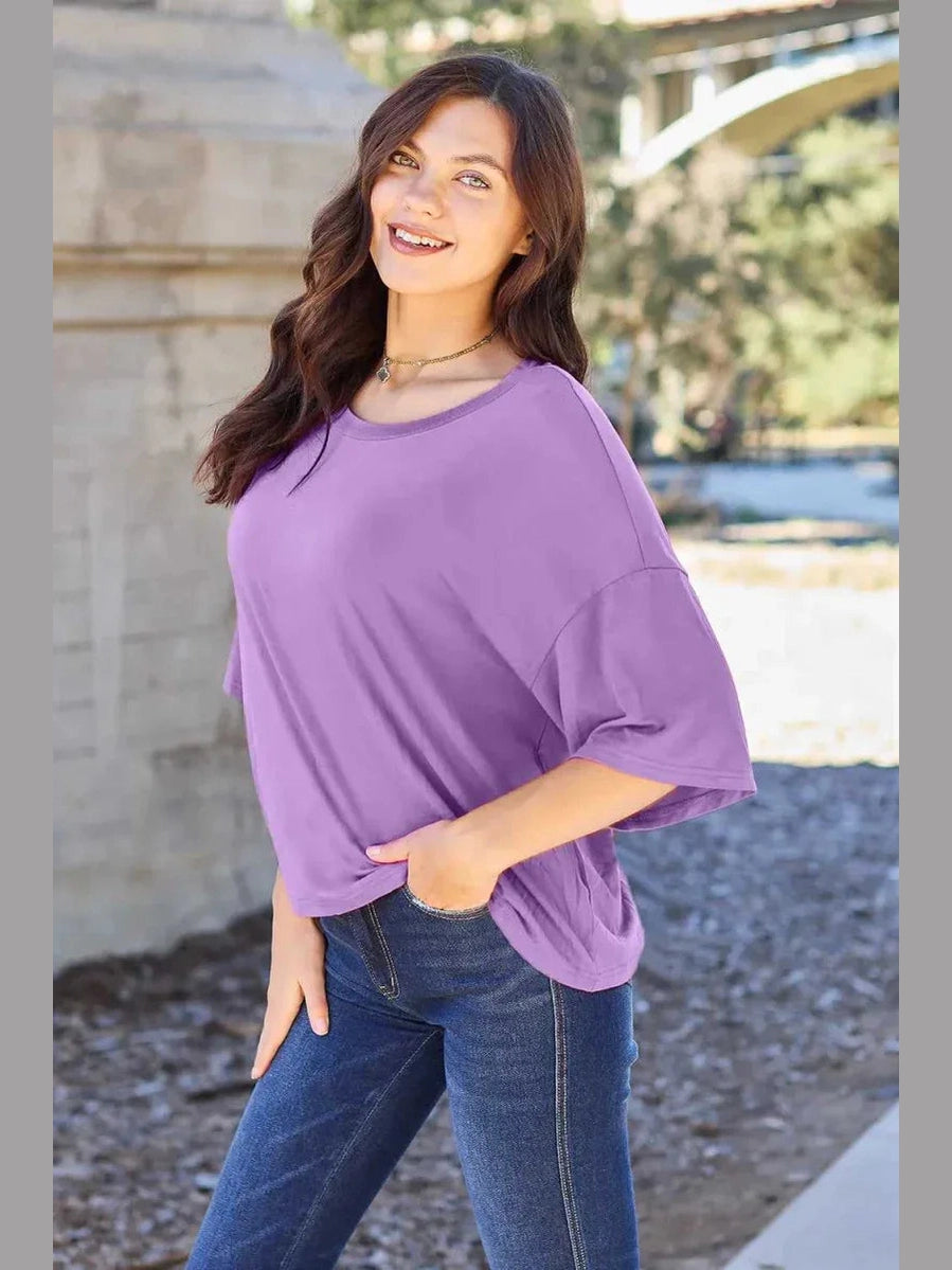 Basic Bae Bamboo Full Size Round Neck Drop Shoulder T-Shirt -- 