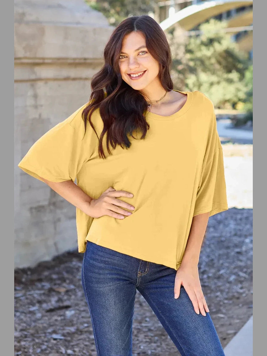 Basic Bae Bamboo Full Size Round Neck Drop Shoulder T-Shirt -- 