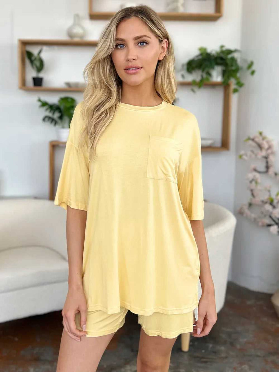 Basic Bae Bamboo Full Size Round Neck Drop Shoulder T-Shirt and Shorts Set - Hopeford Streams