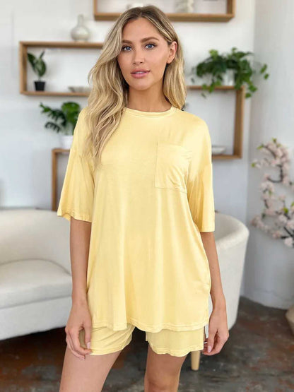 Basic Bae Bamboo Full Size Round Neck Drop Shoulder T-Shirt and Shorts Set - Hopeford Streams