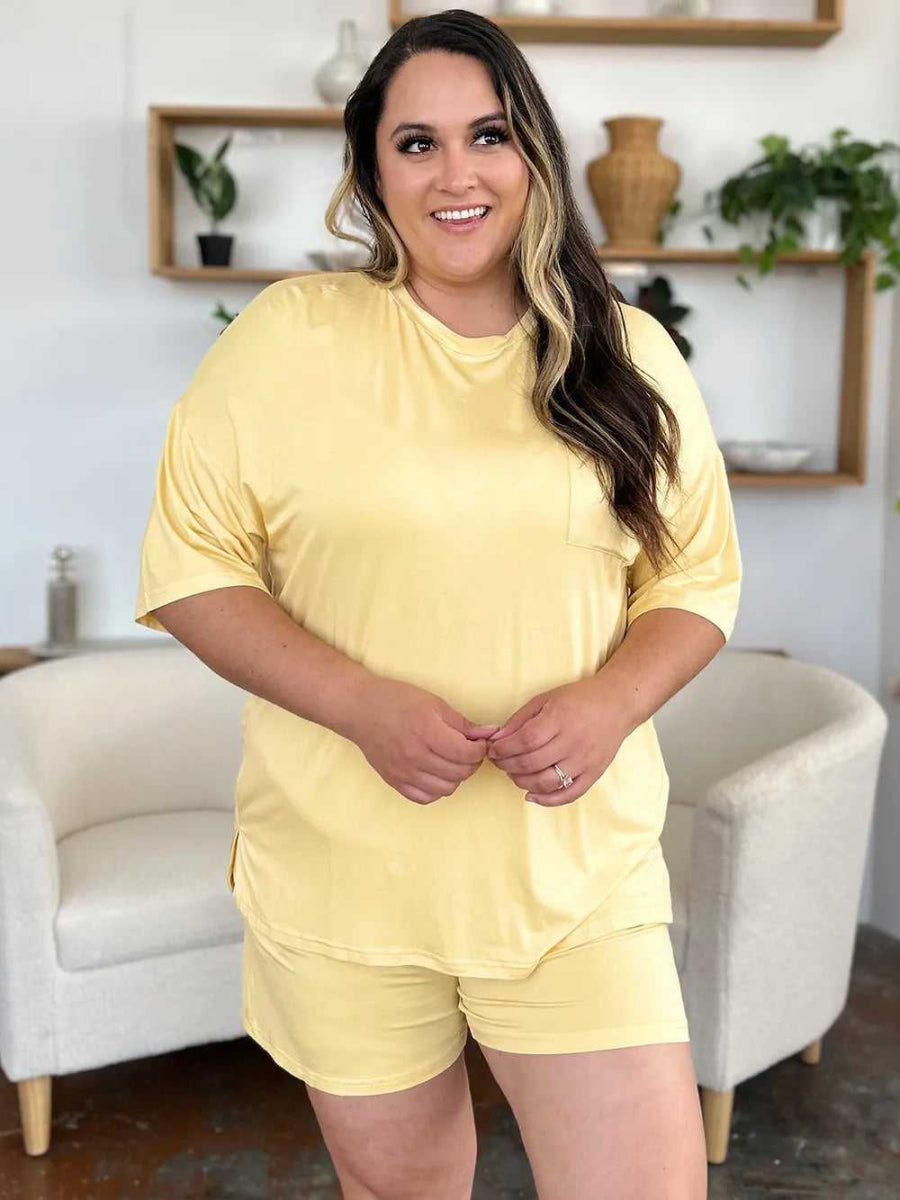 Basic Bae Bamboo Full Size Round Neck Drop Shoulder T-Shirt and Shorts Set - Hopeford Streams