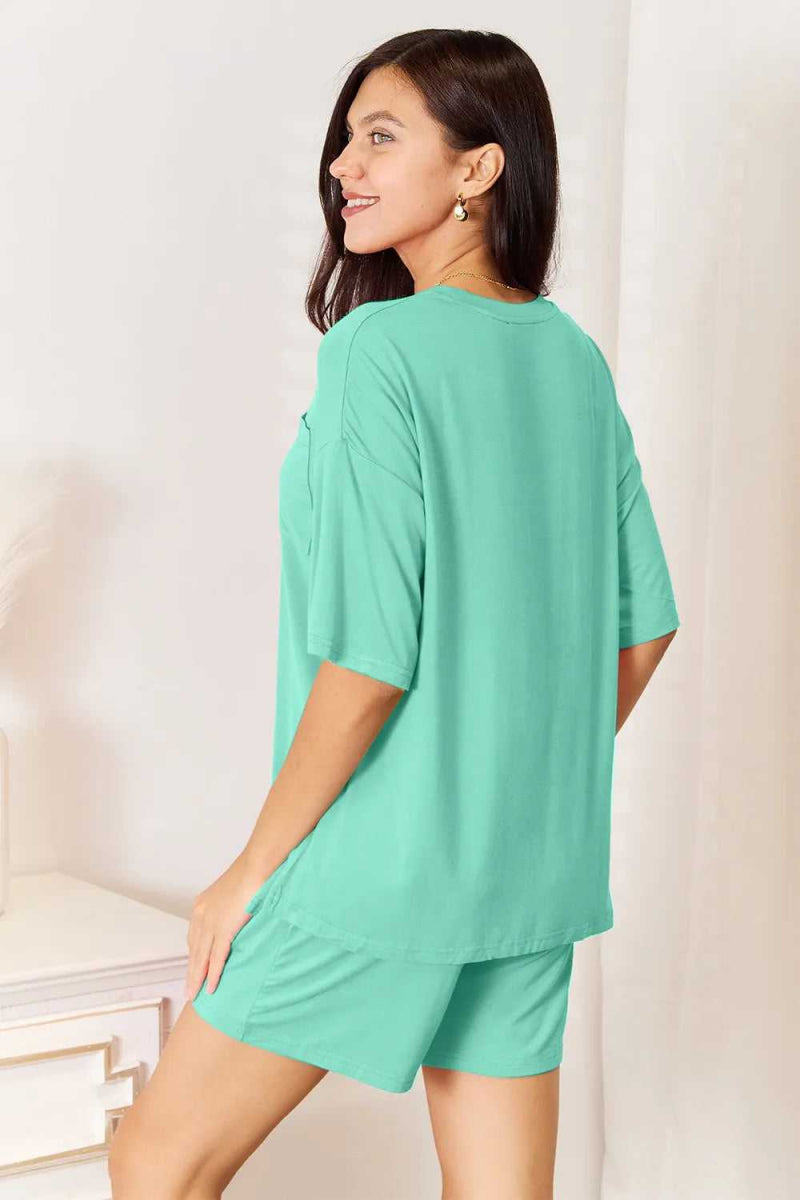 Basic Bae Bamboo Full Size Round Neck Drop Shoulder T-Shirt and Shorts Set - Hopeford Streams