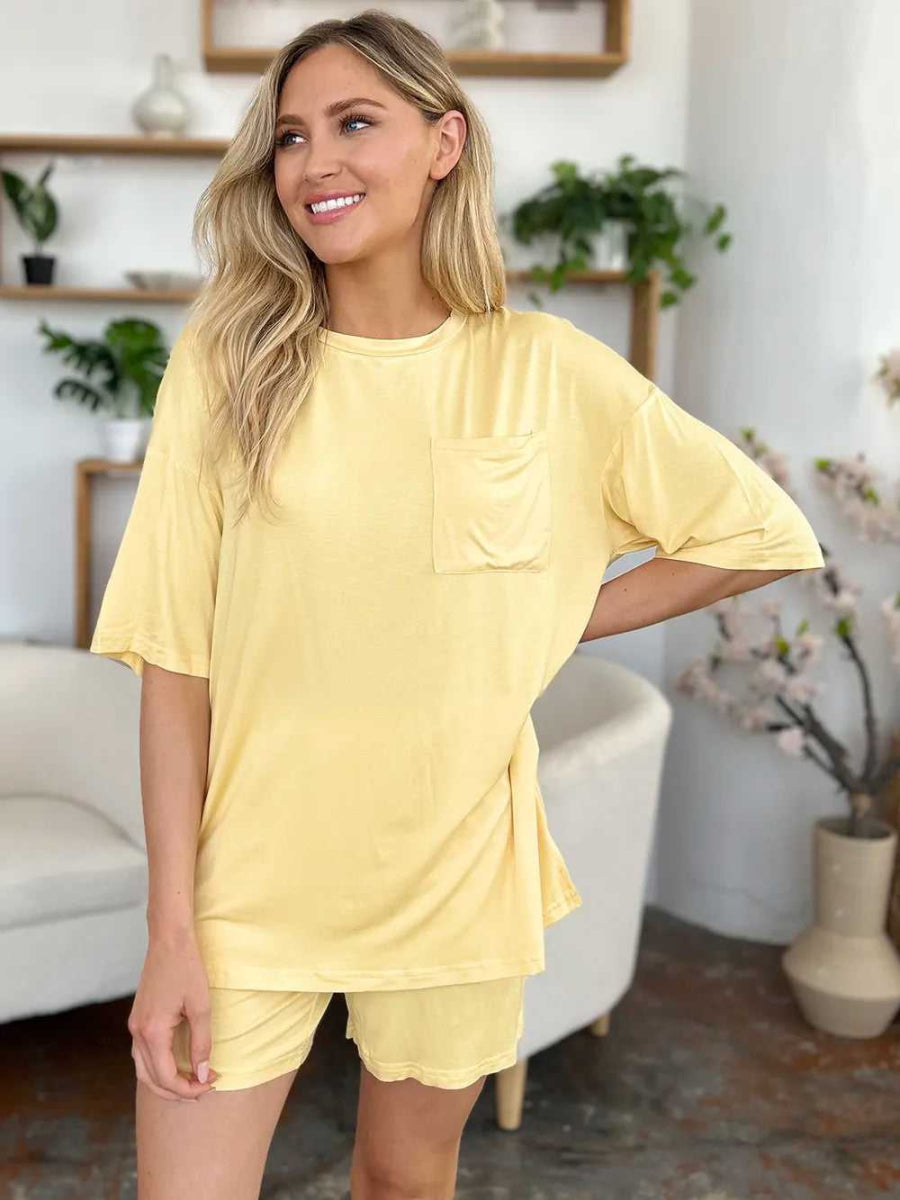 Basic Bae Bamboo Full Size Round Neck Drop Shoulder T-Shirt and Shorts Set - Hopeford Streams