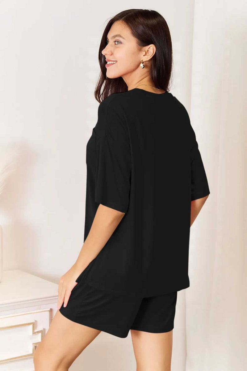 Basic Bae Bamboo Full Size Round Neck Drop Shoulder T-Shirt and Shorts Set - Hopeford Streams