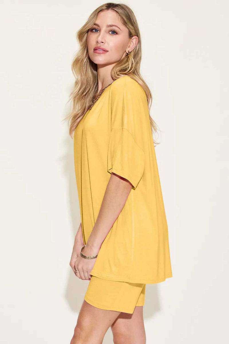 Basic Bae Bamboo Full Size V - Neck Drop Shoulder T-Shirt and Shorts Set - Hopeford Streams