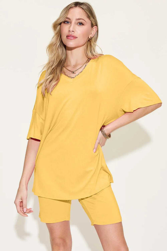 Basic Bae Bamboo Full Size V - Neck Drop Shoulder T-Shirt and Shorts Set - Hopeford Streams