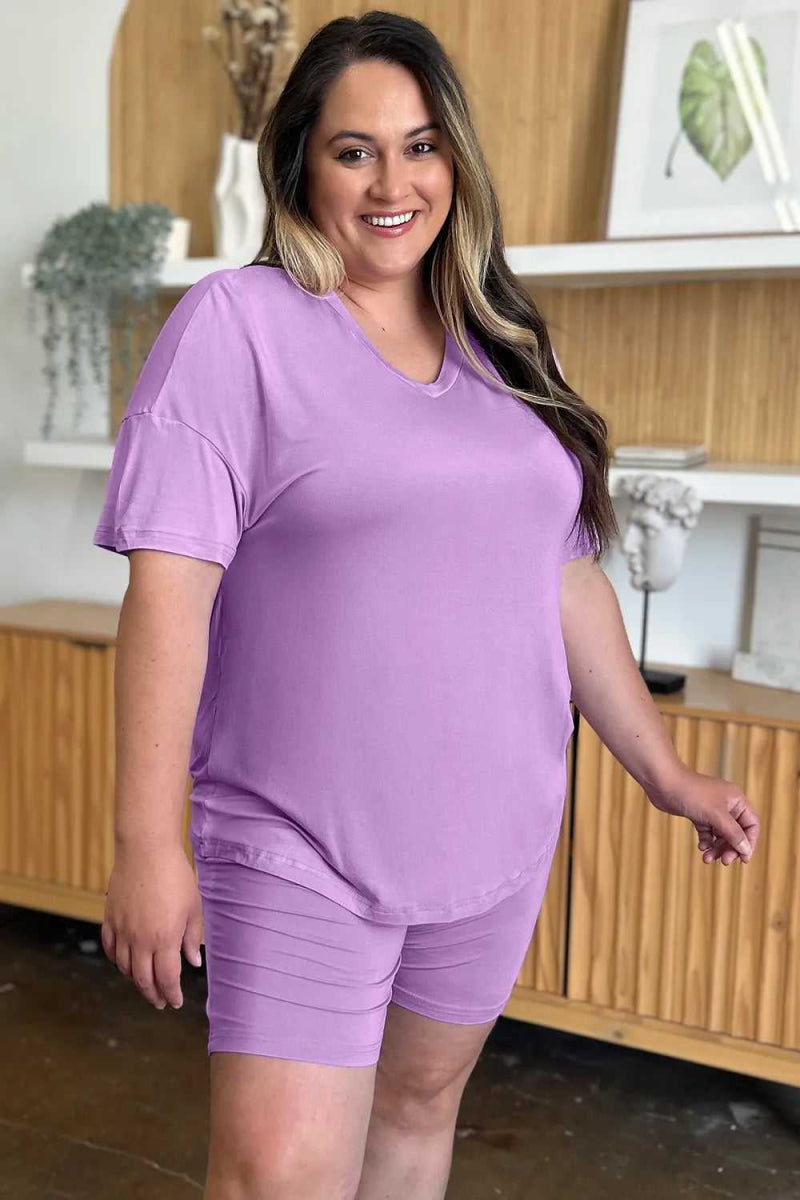 Basic Bae Bamboo Full Size V - Neck Drop Shoulder T-Shirt and Shorts Set - Hopeford Streams
