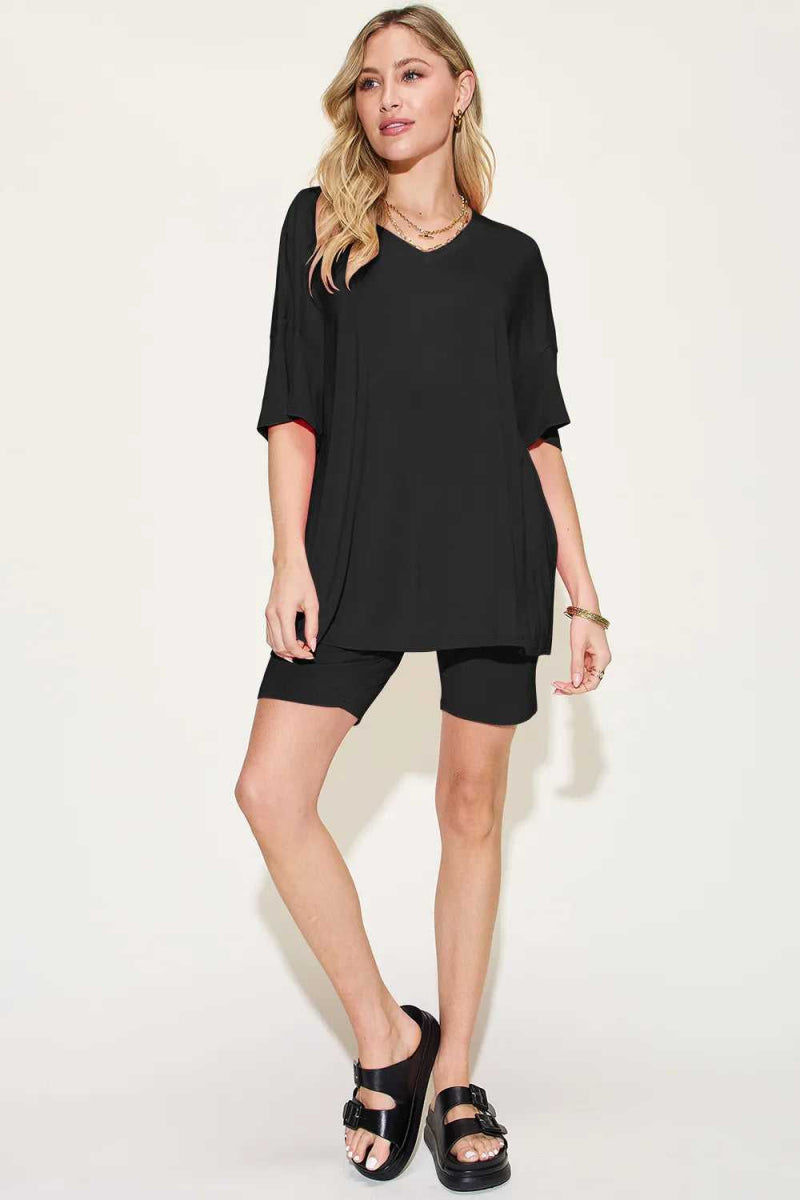 Basic Bae Bamboo Full Size V - Neck Drop Shoulder T-Shirt and Shorts Set - Hopeford Streams