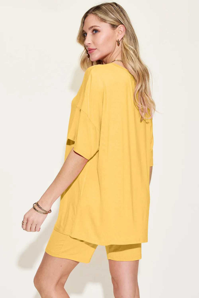 Basic Bae Bamboo Full Size V - Neck Drop Shoulder T-Shirt and Shorts Set - Hopeford Streams