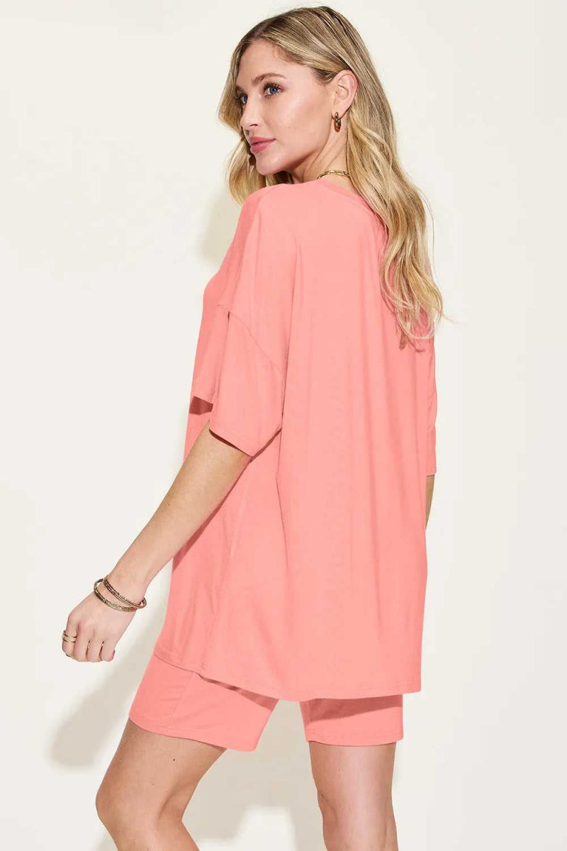 Basic Bae Bamboo Full Size V - Neck Drop Shoulder T-Shirt and Shorts Set - Hopeford Streams