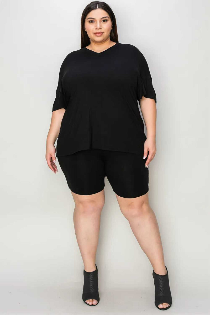 Basic Bae Bamboo Full Size V - Neck Drop Shoulder T-Shirt and Shorts Set - Hopeford Streams