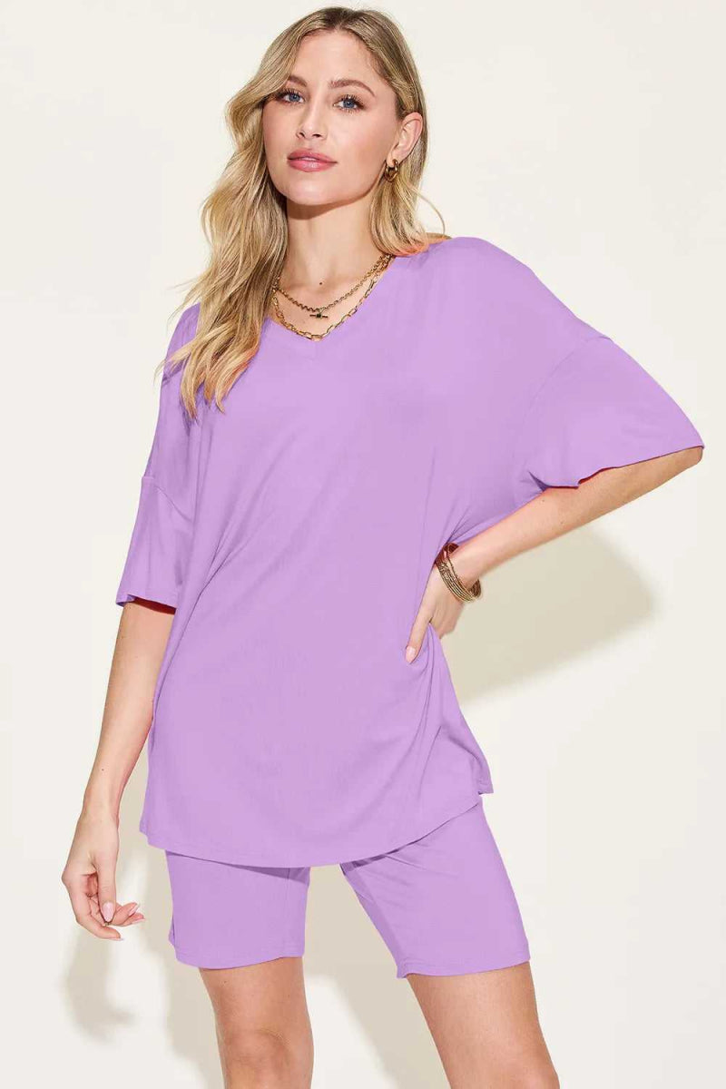 Basic Bae Bamboo Full Size V - Neck Drop Shoulder T-Shirt and Shorts Set - Hopeford Streams