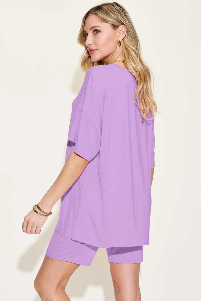 Basic Bae Bamboo Full Size V - Neck Drop Shoulder T-Shirt and Shorts Set - Hopeford Streams