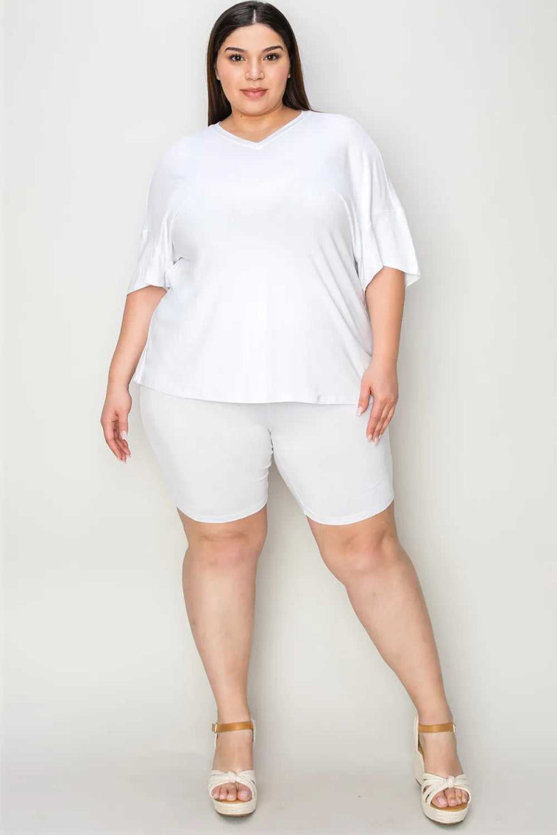 Basic Bae Bamboo Full Size V - Neck Drop Shoulder T-Shirt and Shorts Set - Hopeford Streams