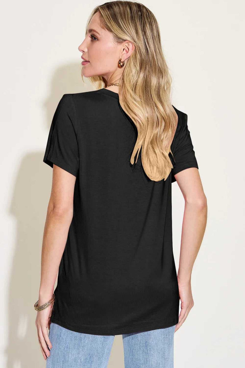 Basic Bae Bamboo Full Size V - Neck High - Low T-Shirt - Hopeford Streams