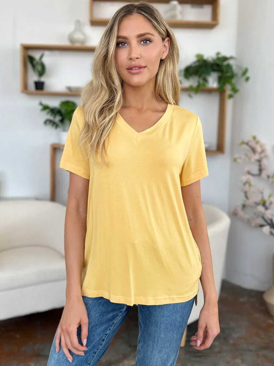 Basic Bae Bamboo Full Size V - Neck High - Low T-Shirt - Hopeford Streams