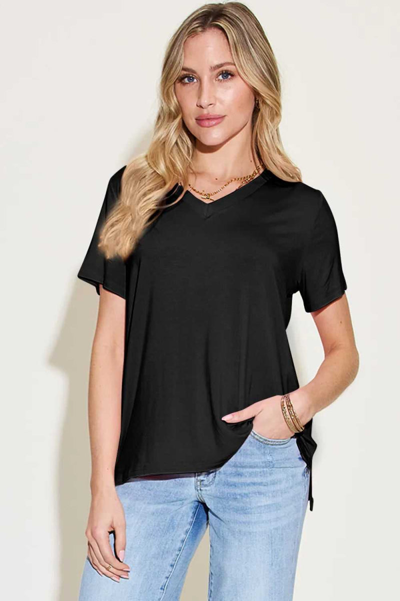 Basic Bae Bamboo Full Size V - Neck High - Low T-Shirt - Hopeford Streams