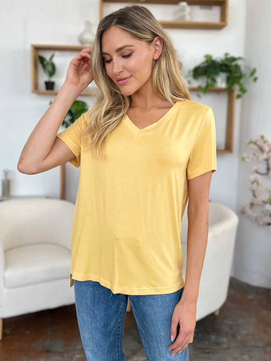 Basic Bae Bamboo Full Size V - Neck High - Low T-Shirt - Hopeford Streams