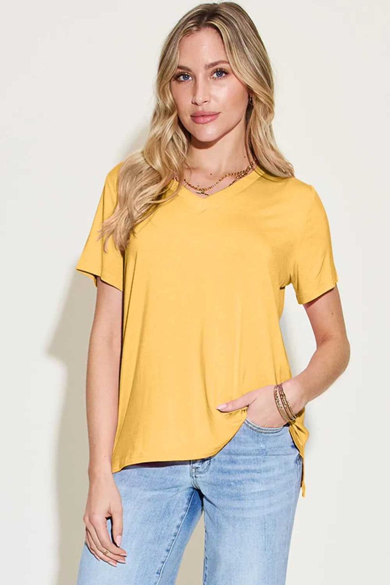 Basic Bae Bamboo Full Size V - Neck High - Low T-Shirt - Hopeford Streams
