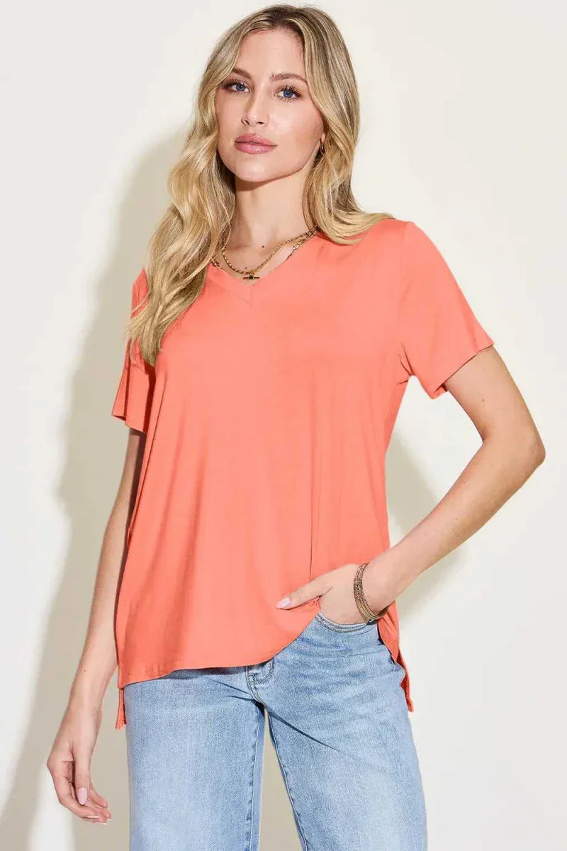 Basic Bae Bamboo Full Size V-Neck High-Low T-Shirt -- 