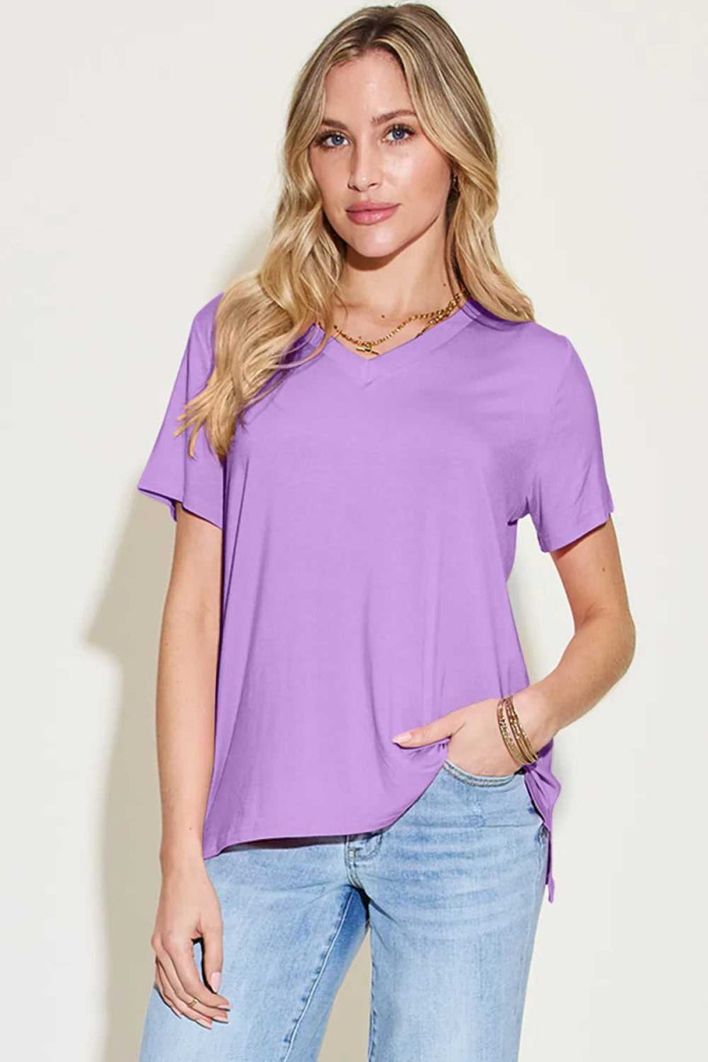 Basic Bae Bamboo Full Size V - Neck High - Low T-Shirt - Hopeford Streams