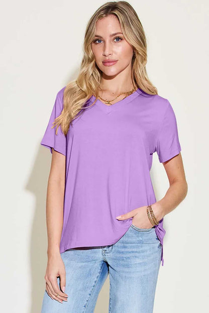 Basic Bae Bamboo Full Size V - Neck High - Low T-Shirt - Hopeford Streams