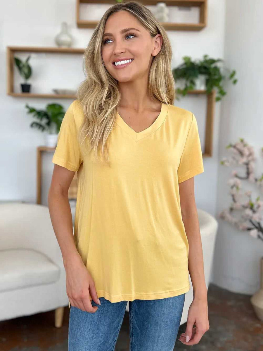 Basic Bae Bamboo Full Size V - Neck High - Low T-Shirt - Hopeford Streams