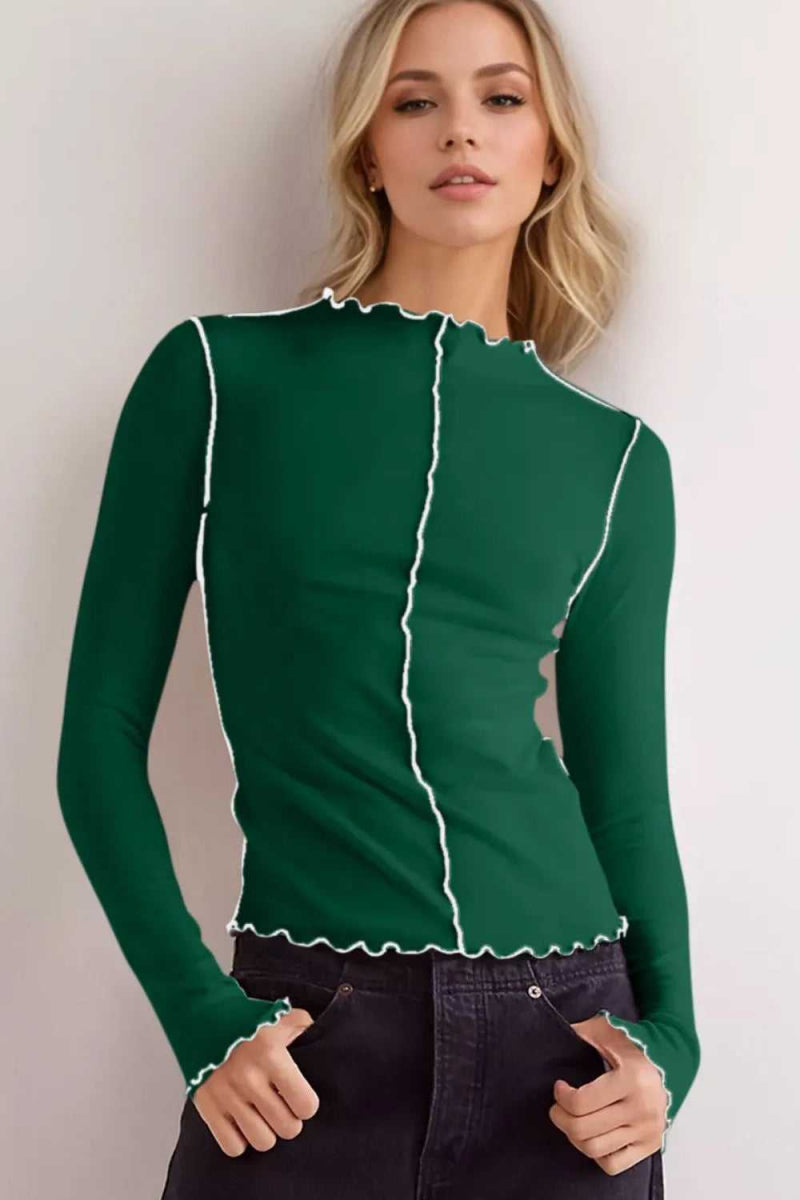 Basic Bae Contrast Trim Mock Neck Long Sleeve T-Shirt - Hopeford Streams
