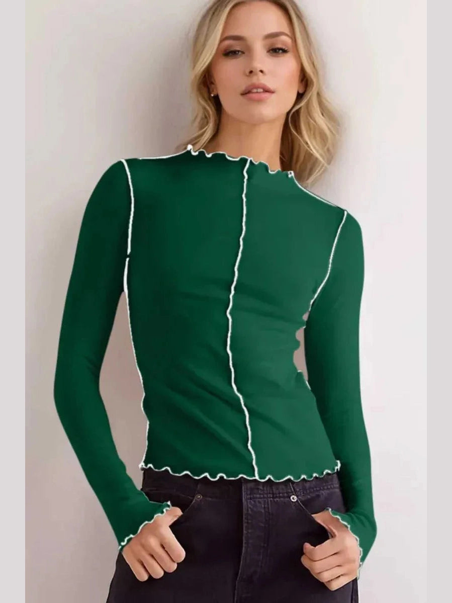 Basic Bae Contrast Trim Mock Neck Long Sleeve T-Shirt -- 