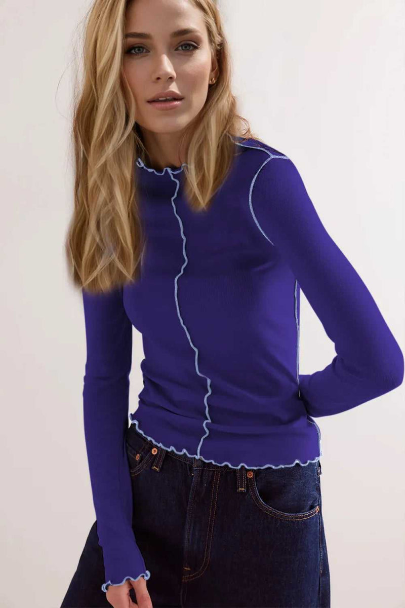 Basic Bae Contrast Trim Mock Neck Long Sleeve T-Shirt - Hopeford Streams