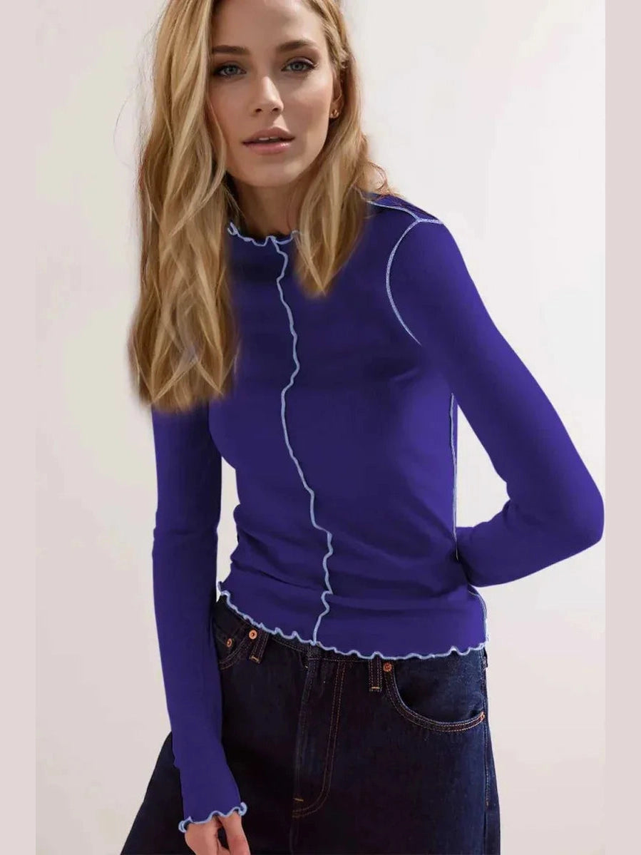 Basic Bae Contrast Trim Mock Neck Long Sleeve T-Shirt -- 