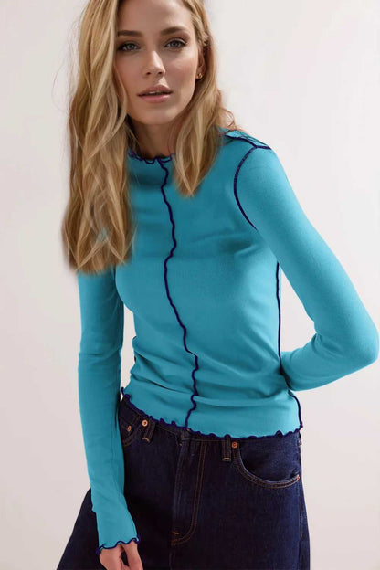 Basic Bae Contrast Trim Mock Neck Long Sleeve T-Shirt - Hopeford Streams