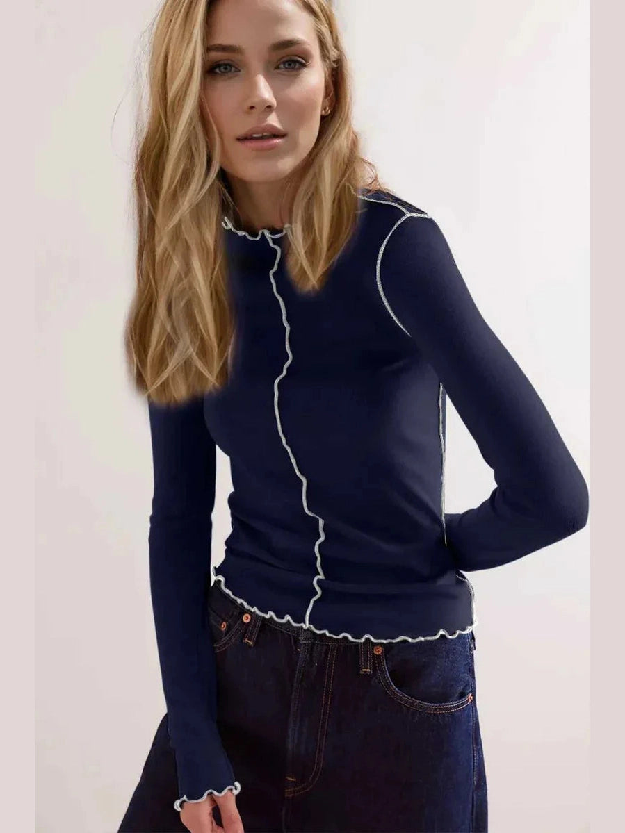 Basic Bae Contrast Trim Mock Neck Long Sleeve T-Shirt -- 