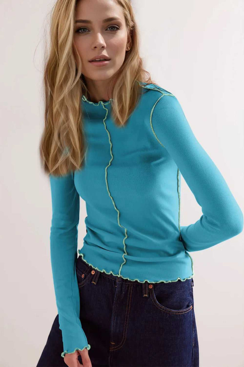 Basic Bae Contrast Trim Mock Neck Long Sleeve T-Shirt - Hopeford Streams