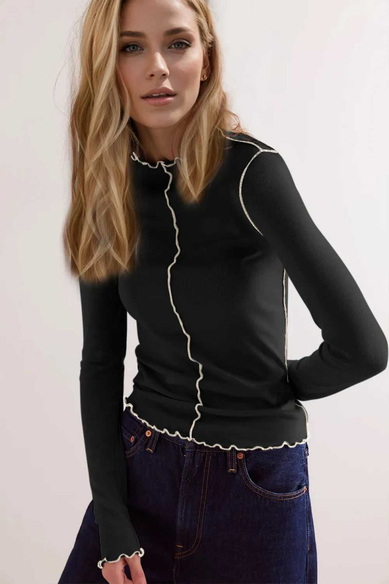 Basic Bae Contrast Trim Mock Neck Long Sleeve T-Shirt - Hopeford Streams