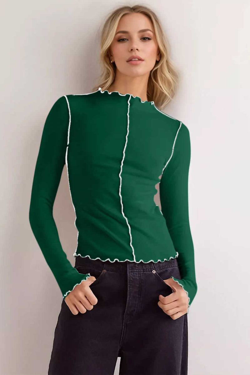 Basic Bae Contrast Trim Mock Neck Long Sleeve T-Shirt - Hopeford Streams