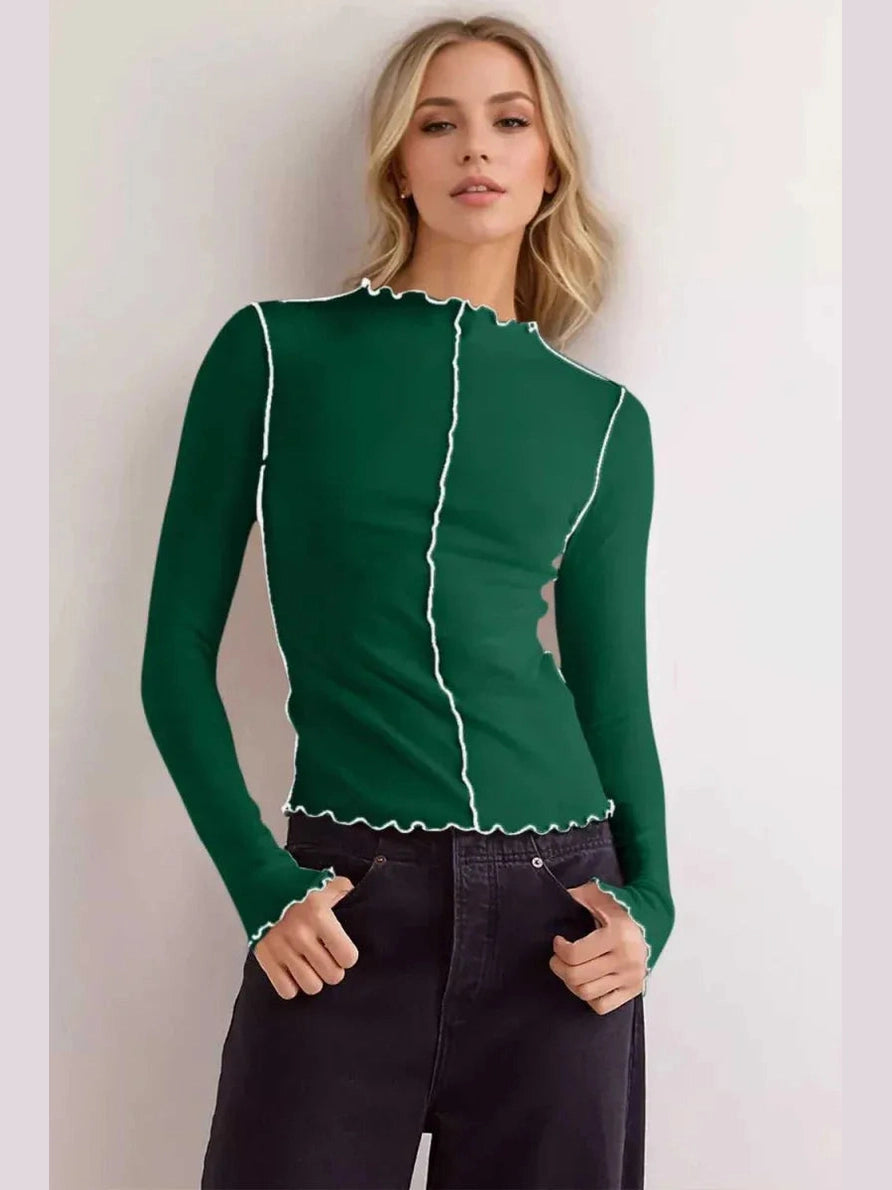 Basic Bae Contrast Trim Mock Neck Long Sleeve T-Shirt -- 
