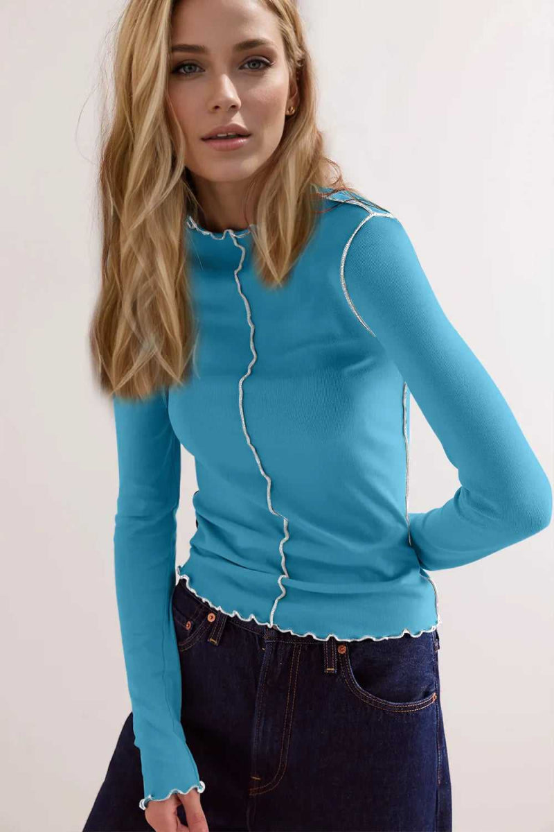 Basic Bae Contrast Trim Mock Neck Long Sleeve T-Shirt - Hopeford Streams