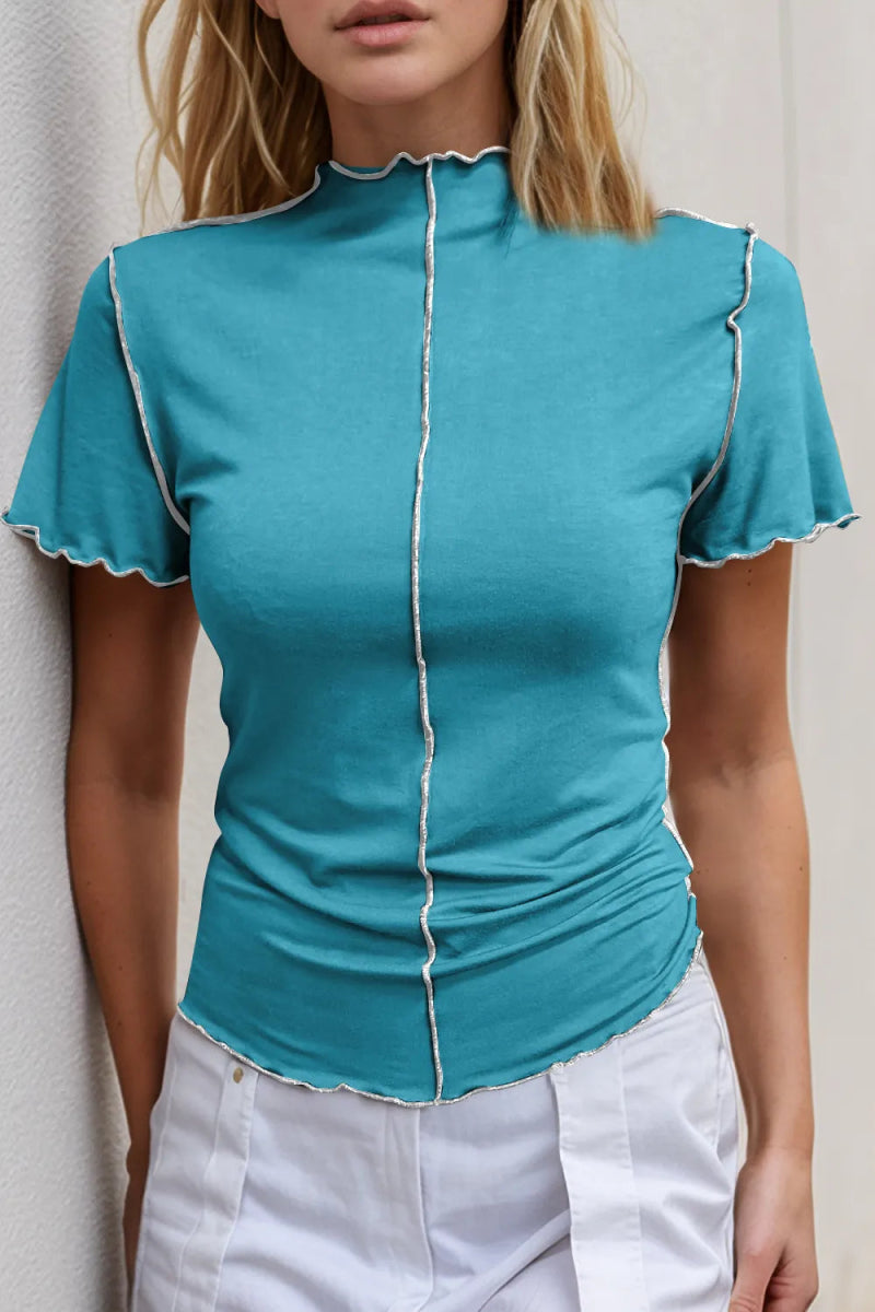 Basic Bae Contrast Trim Mock Neck Short Sleeve T-Shirt - Hopeford Streams