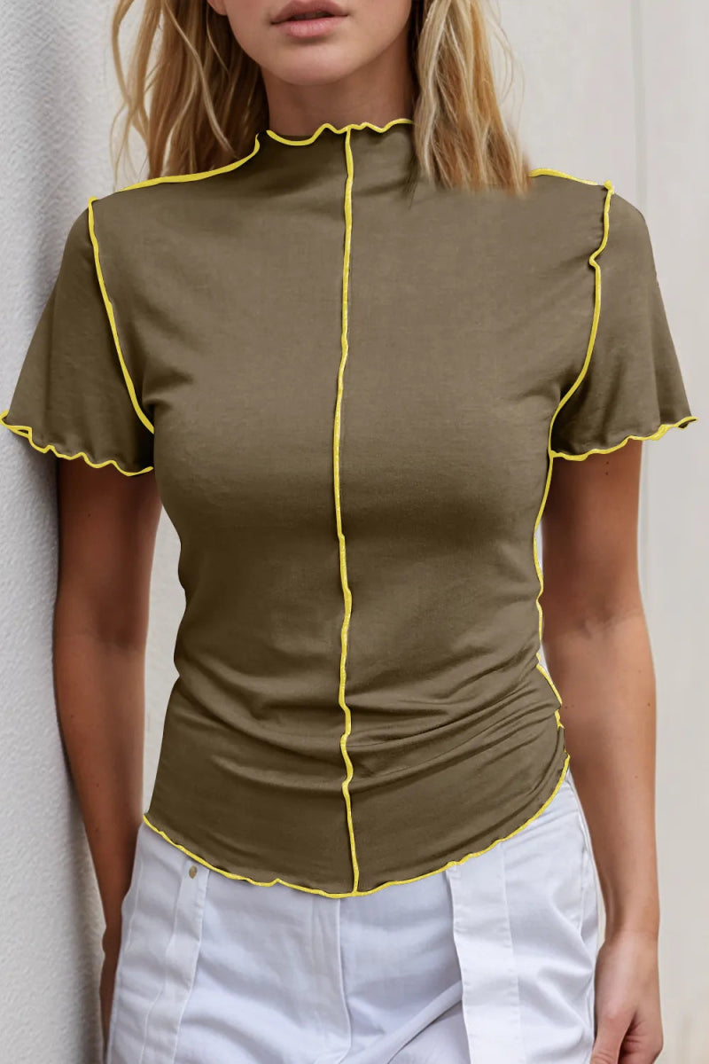Basic Bae Contrast Trim Mock Neck Short Sleeve T-Shirt - Hopeford Streams