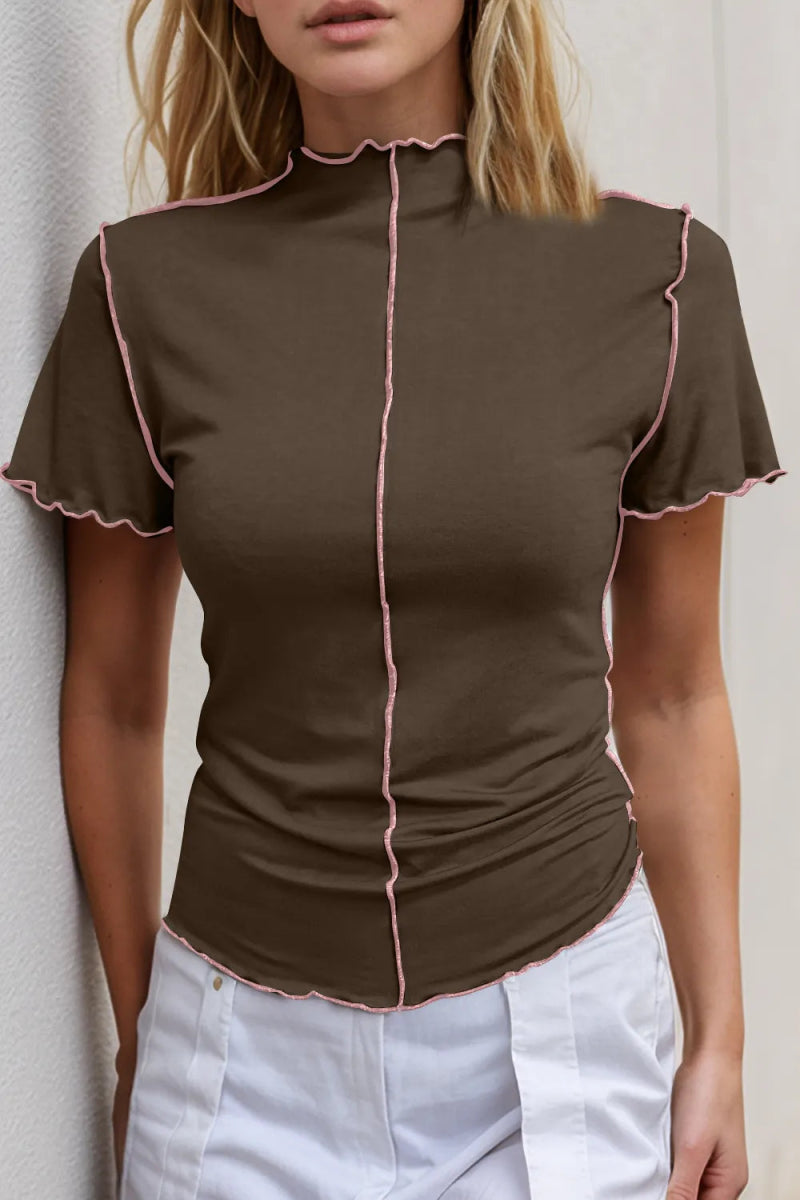 Basic Bae Contrast Trim Mock Neck Short Sleeve T-Shirt - Hopeford Streams