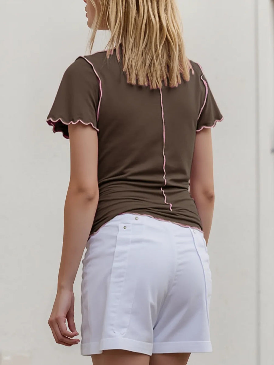 Basic Bae Contrast Trim Mock Neck Short Sleeve T-Shirt - Hopeford Streams