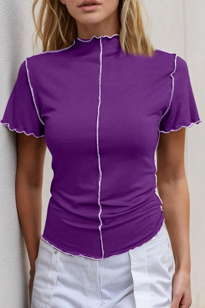 Basic Bae Contrast Trim Mock Neck Short Sleeve T-Shirt - Hopeford Streams