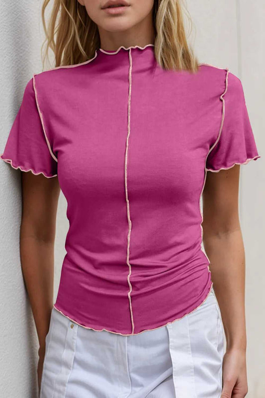 Basic Bae Contrast Trim Mock Neck Short Sleeve T-Shirt - Hopeford Streams