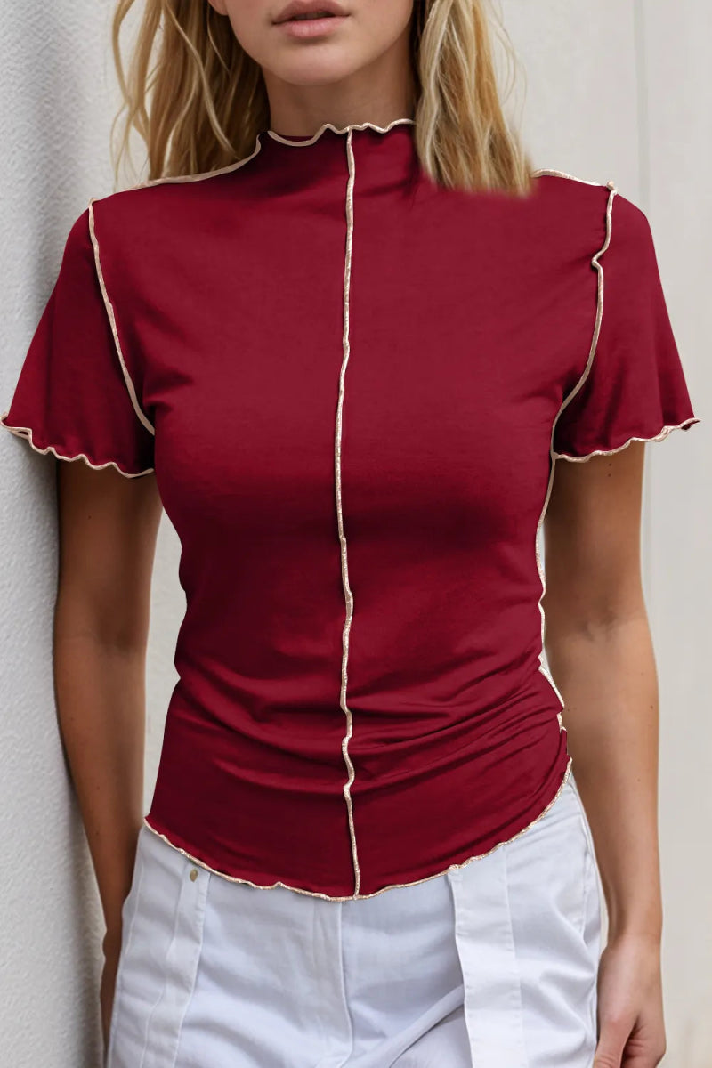 Basic Bae Contrast Trim Mock Neck Short Sleeve T-Shirt - Hopeford Streams