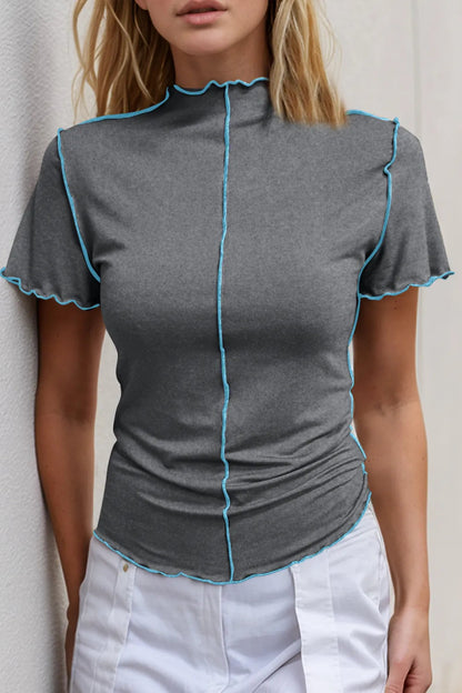 Basic Bae Contrast Trim Mock Neck Short Sleeve T-Shirt - Hopeford Streams