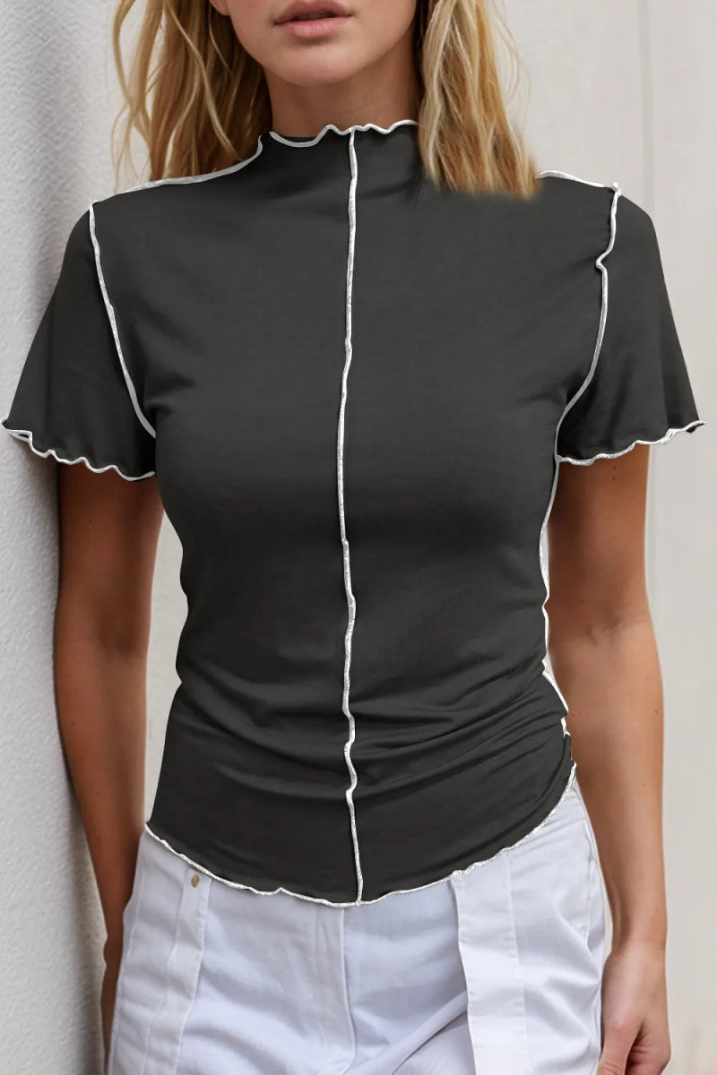 Basic Bae Contrast Trim Mock Neck Short Sleeve T-Shirt - Hopeford Streams