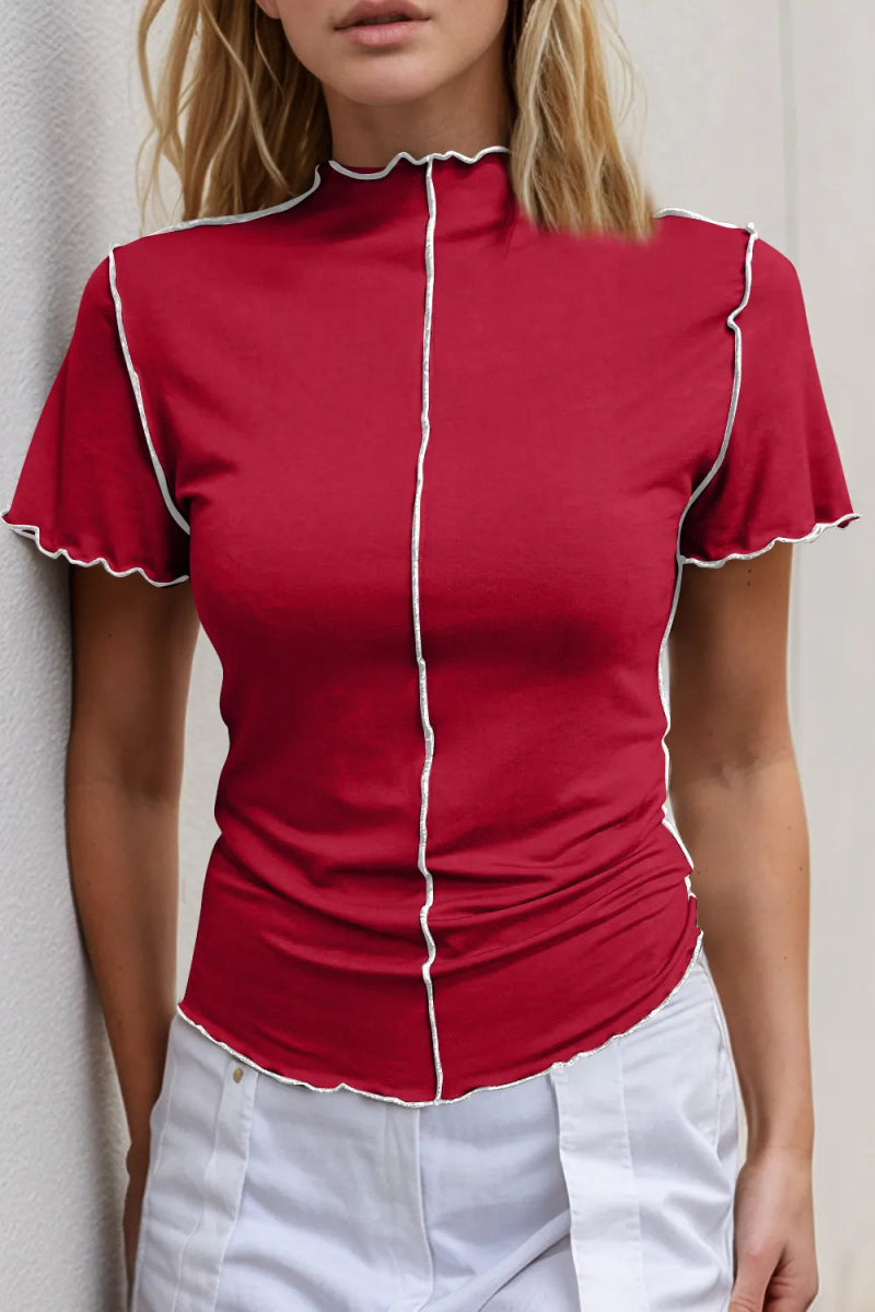 Basic Bae Contrast Trim Mock Neck Short Sleeve T-Shirt - Hopeford Streams