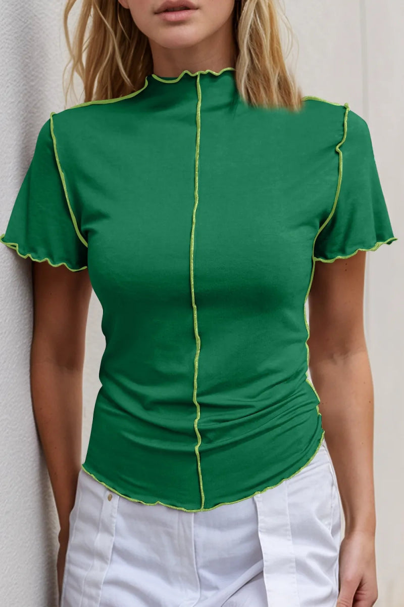 Basic Bae Contrast Trim Mock Neck Short Sleeve T-Shirt - Hopeford Streams